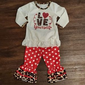 Girls Red Polka Dot Leopard Boutique Heart Outfit Shirt and Ruffle Pants 2T - 3T